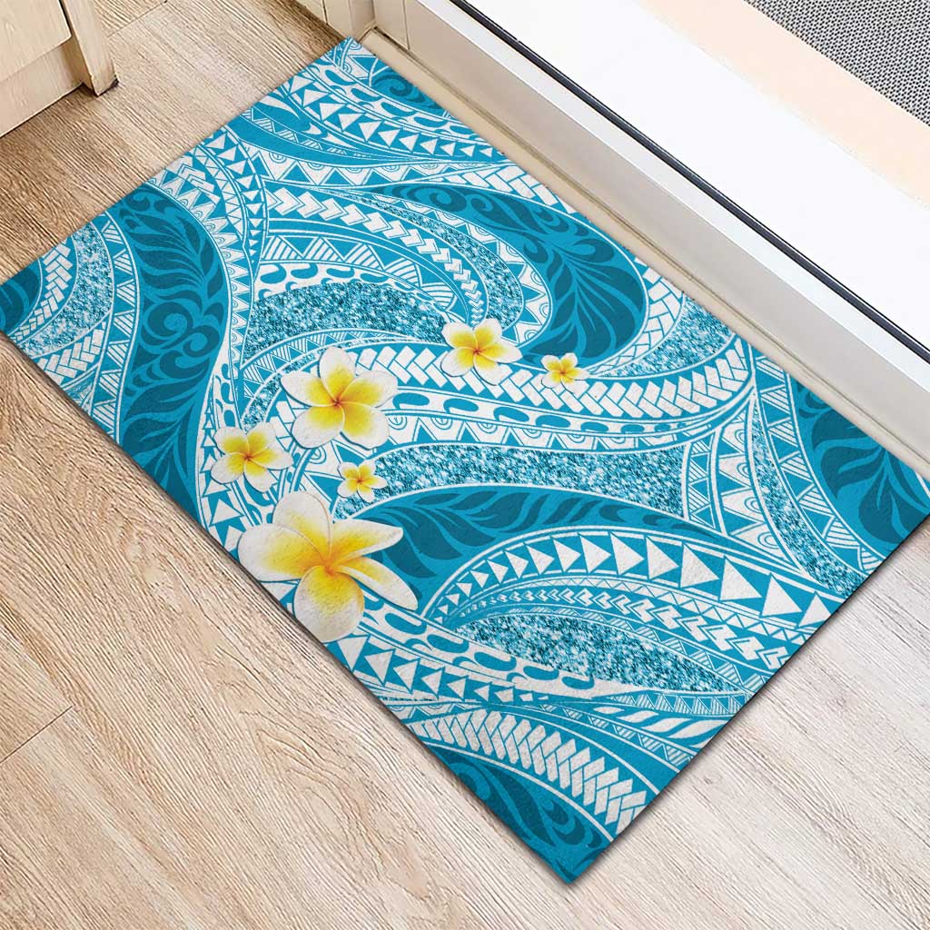Plumeria Polynesian Sky Blue Glitter Pattern Rubber Doormat LT01 - Polynesian Pride