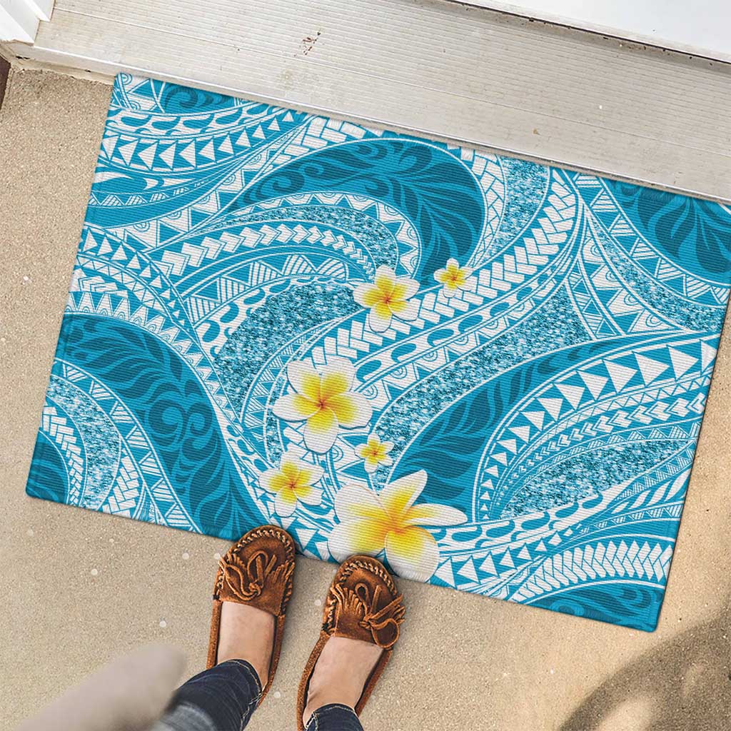 Plumeria Polynesian Sky Blue Glitter Pattern Rubber Doormat LT01 - Polynesian Pride