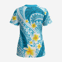 Plumeria Polynesian Sky Blue Glitter Pattern Scrub Top LT01 - Polynesian Pride