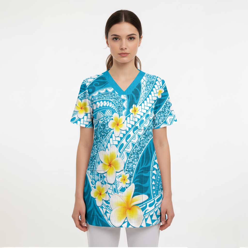 Plumeria Polynesian Sky Blue Glitter Pattern Scrub Top LT01 - Polynesian Pride