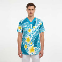 Plumeria Polynesian Sky Blue Glitter Pattern Scrub Top LT01 - Polynesian Pride