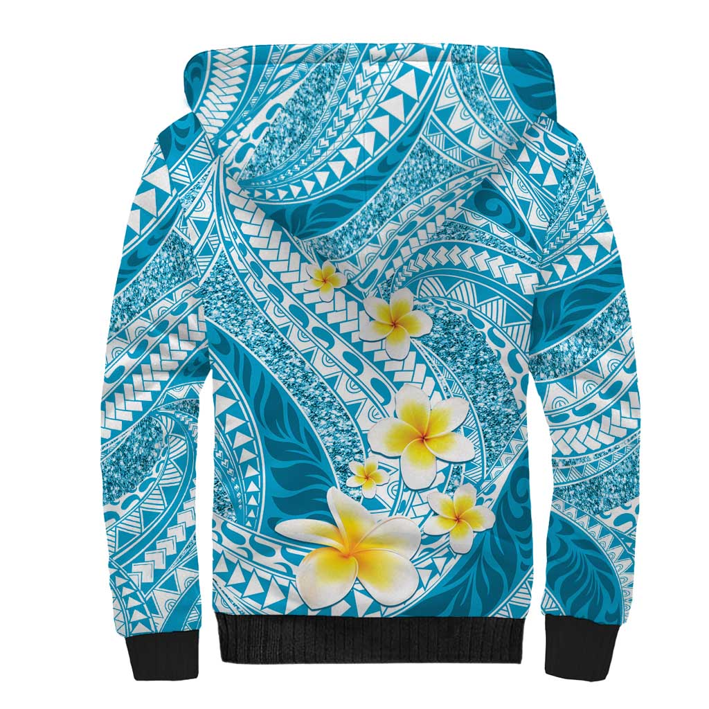Plumeria Polynesian Sky Blue Glitter Pattern Sherpa Hoodie LT01 - Polynesian Pride