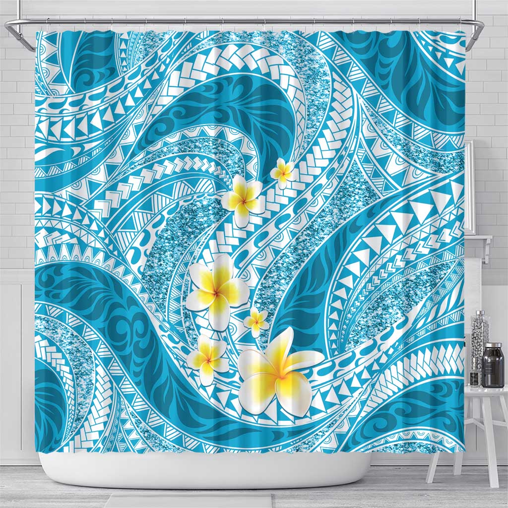 Plumeria Polynesian Sky Blue Glitter Pattern Shower Curtain