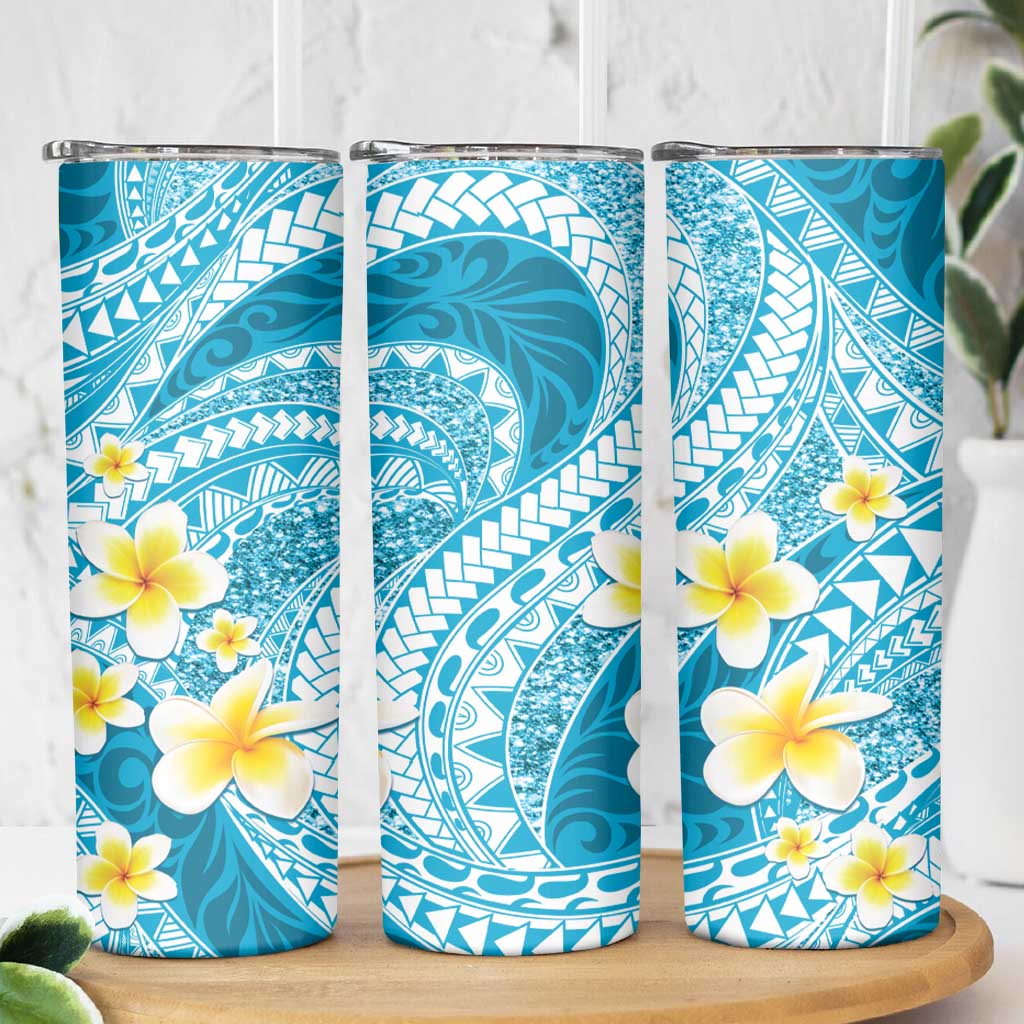 Plumeria Polynesian Sky Blue Glitter Pattern Skinny Tumbler