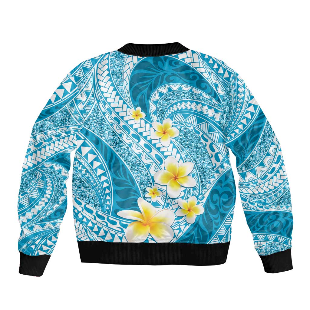 Plumeria Polynesian Sky Blue Glitter Pattern Sleeve Zip Bomber Jacket