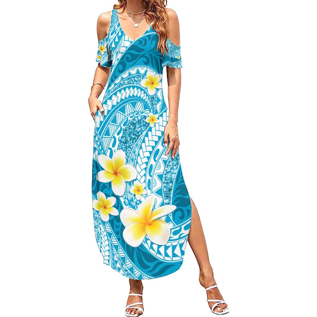 Plumeria Polynesian Sky Blue Glitter Pattern Summer Maxi Dress LT01 Women Sky Blue - Polynesian Pride