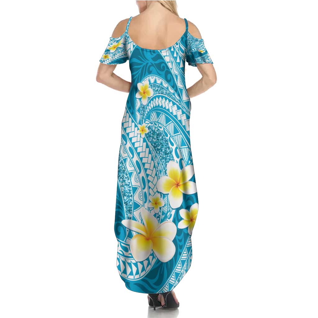 Plumeria Polynesian Sky Blue Glitter Pattern Summer Maxi Dress LT01 - Polynesian Pride