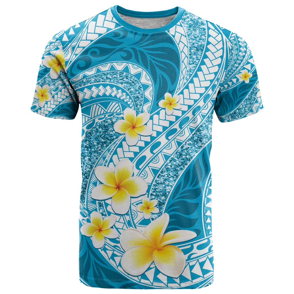 Plumeria Polynesian Sky Blue Glitter Pattern T Shirt