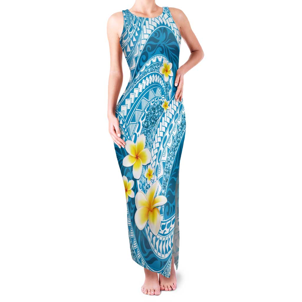 Plumeria Polynesian Sky Blue Glitter Pattern Tank Maxi Dress