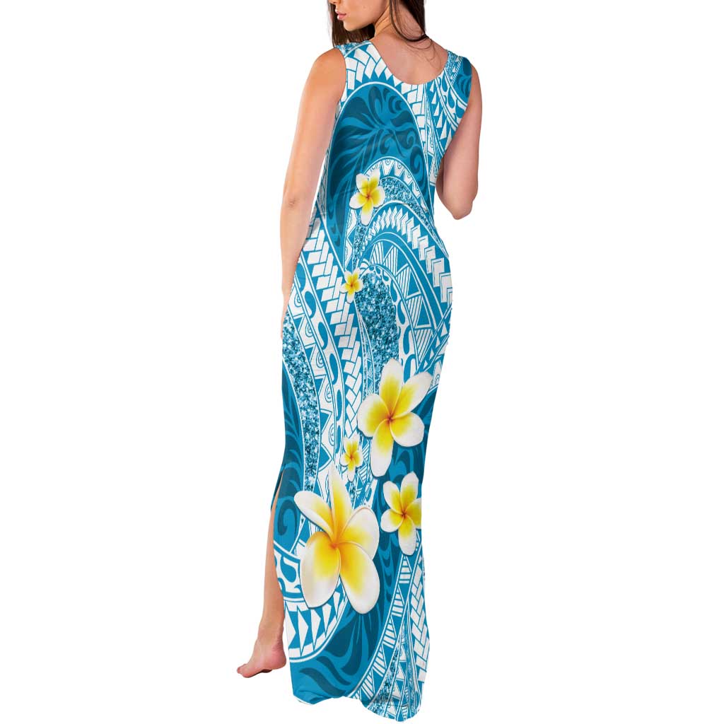 Plumeria Polynesian Sky Blue Glitter Pattern Tank Maxi Dress LT01 - Polynesian Pride
