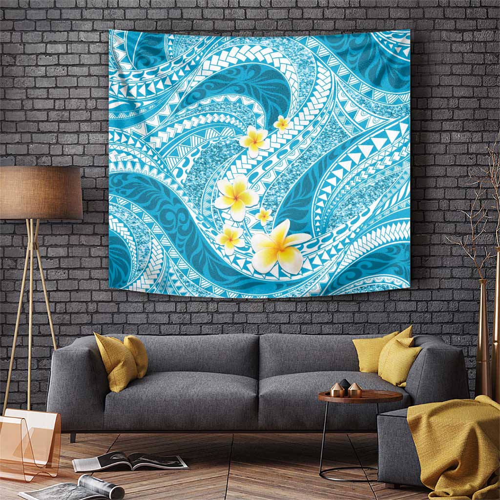 Plumeria Polynesian Sky Blue Glitter Pattern Tapestry