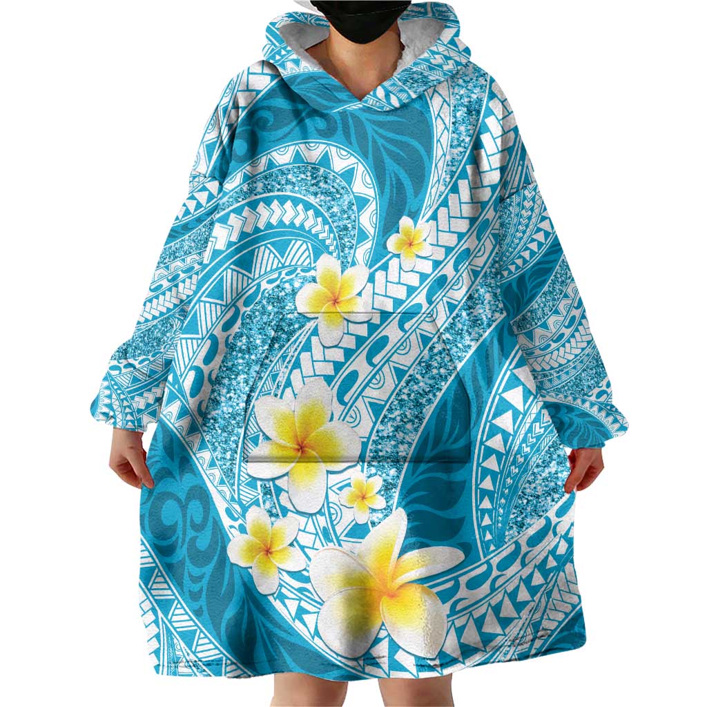 Plumeria Polynesian Sky Blue Glitter Pattern Wearable Blanket Hoodie LT01 - Polynesian Pride