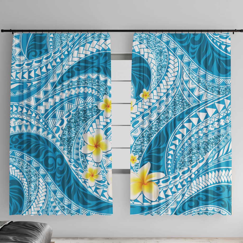 Plumeria Polynesian Sky Blue Glitter Pattern Window Curtain