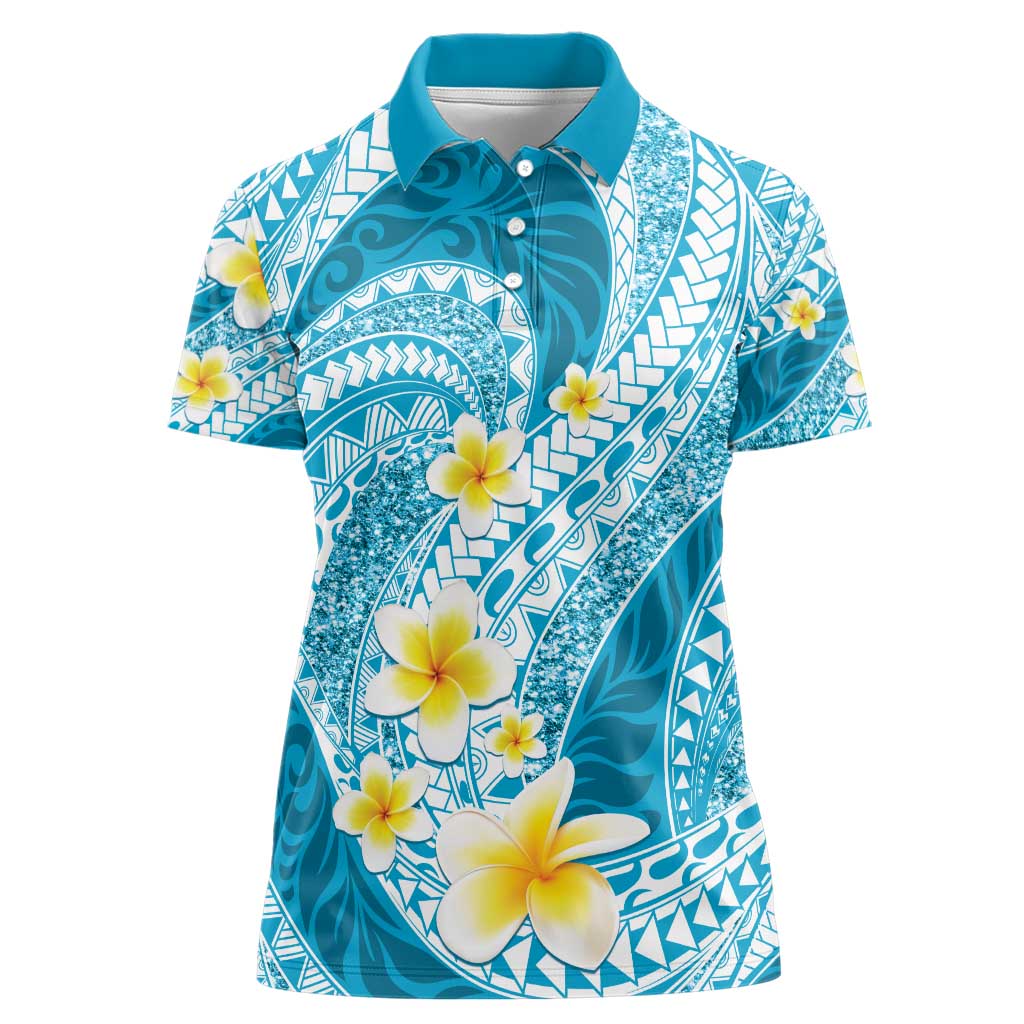 Plumeria Polynesian Sky Blue Glitter Pattern Women Polo Shirt