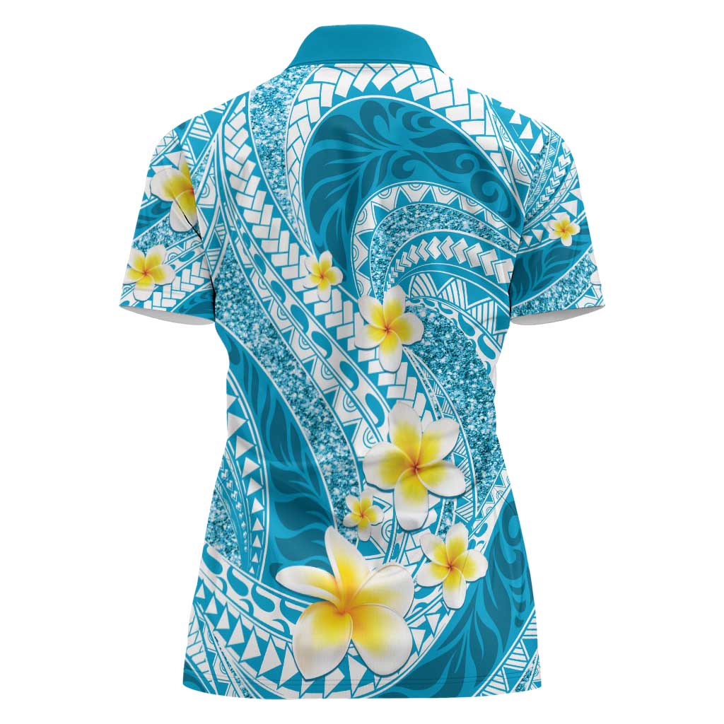 Plumeria Polynesian Sky Blue Glitter Pattern Women Polo Shirt