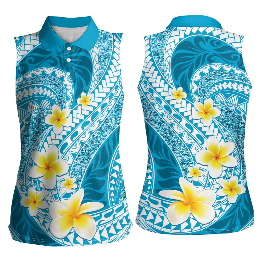 Plumeria Polynesian Sky Blue Glitter Pattern Women Sleeveless Polo Shirt