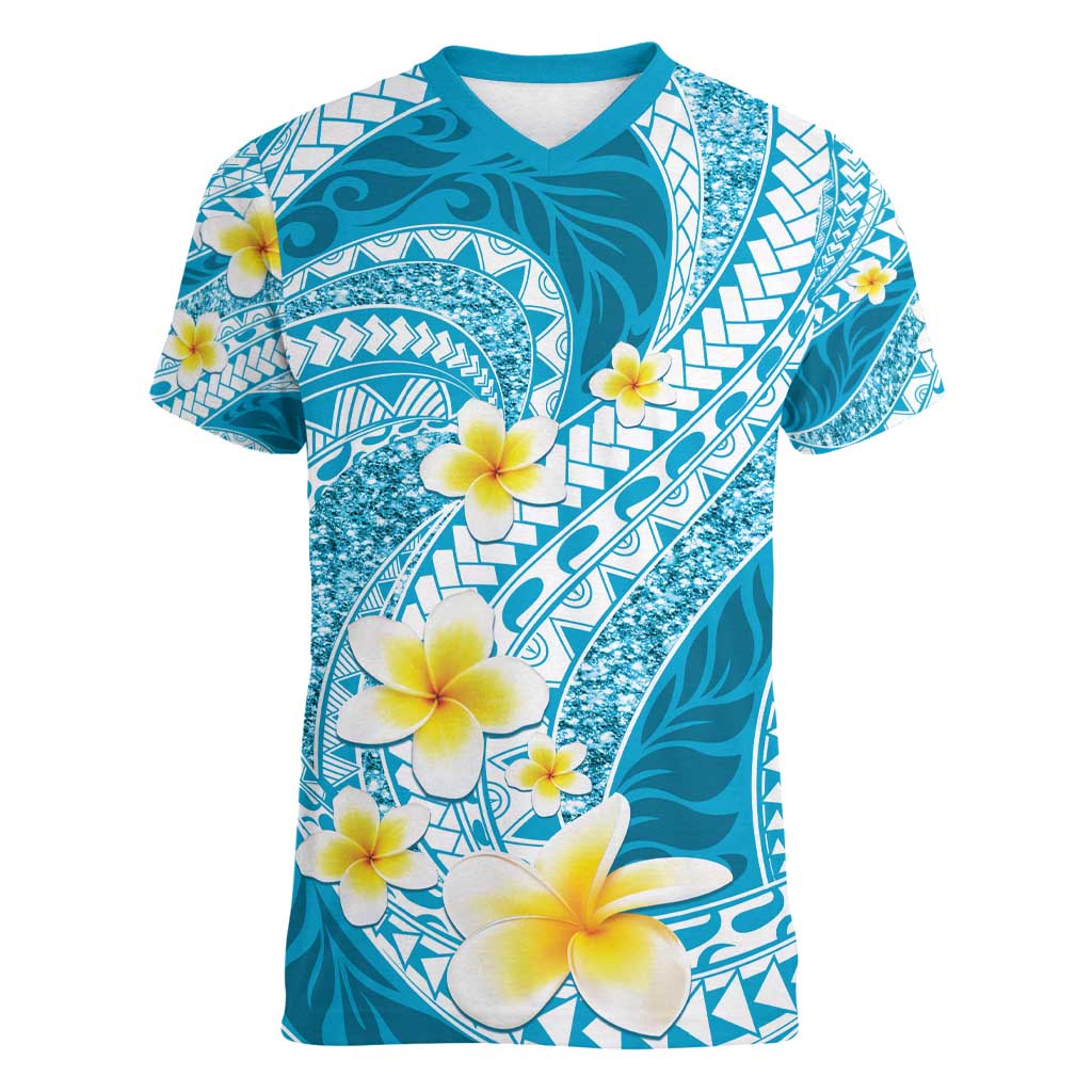 Plumeria Polynesian Sky Blue Glitter Pattern Women V-Neck T-Shirt LT01 Female Sky Blue - Polynesian Pride