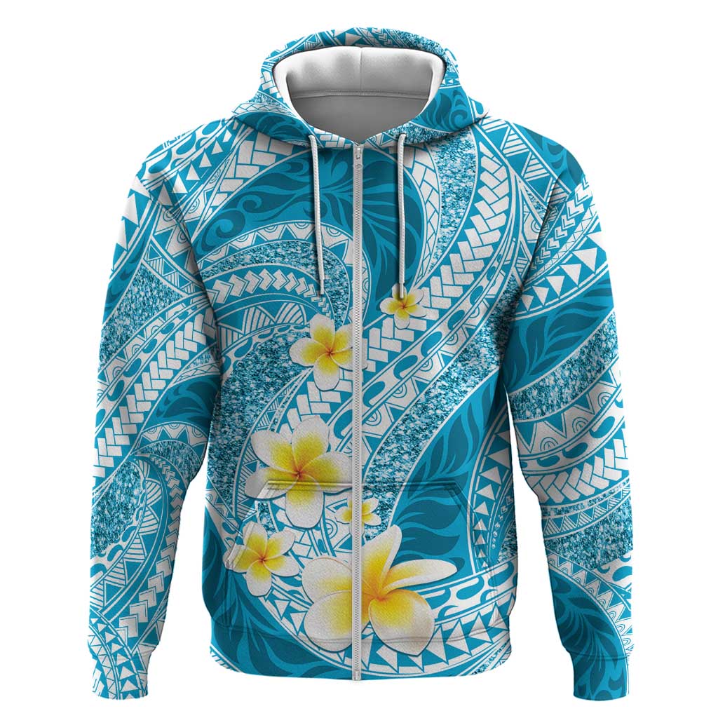 Plumeria Polynesian Sky Blue Glitter Pattern Zip Hoodie
