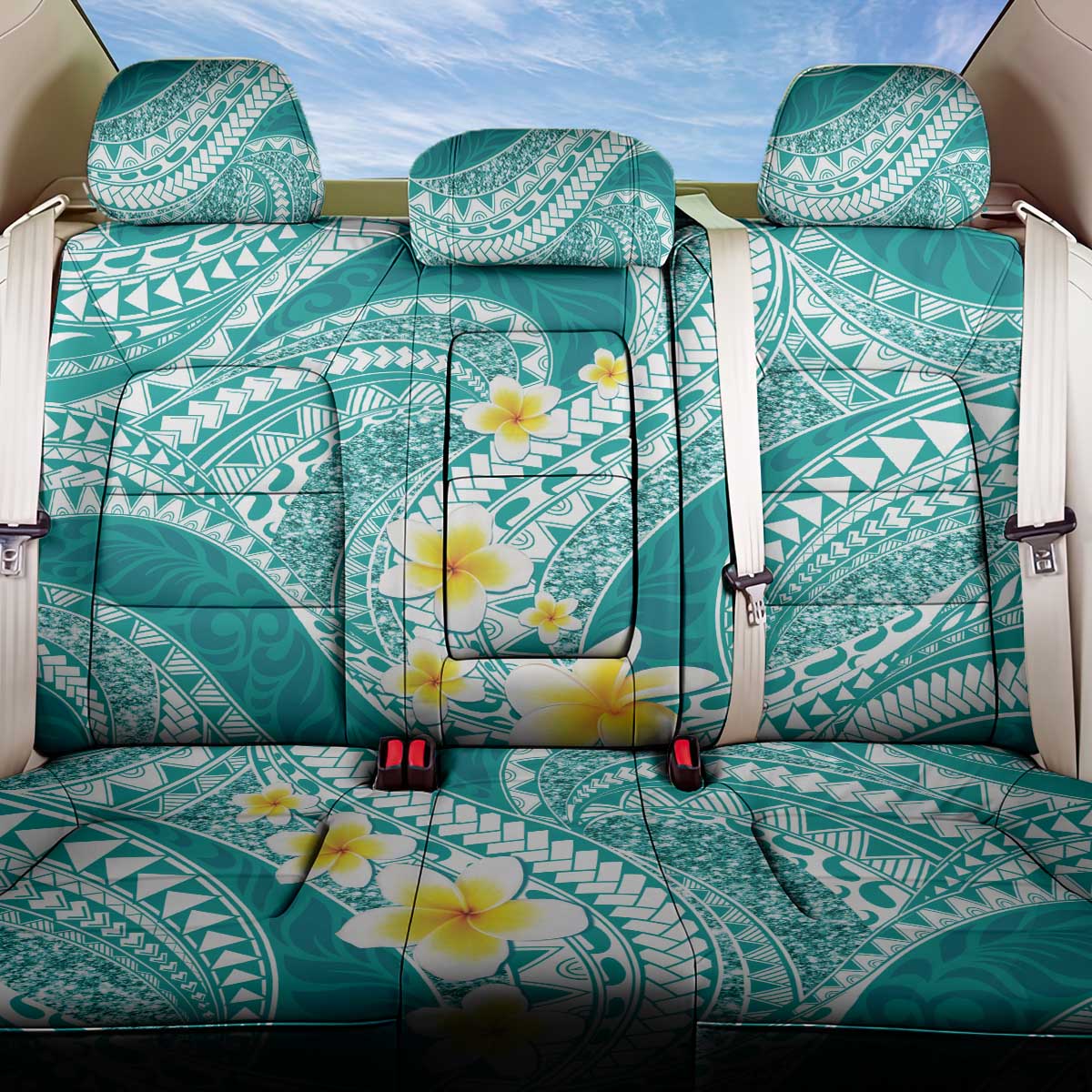 Plumeria Polynesian Teal Glitter Pattern Back Car Seat Cover