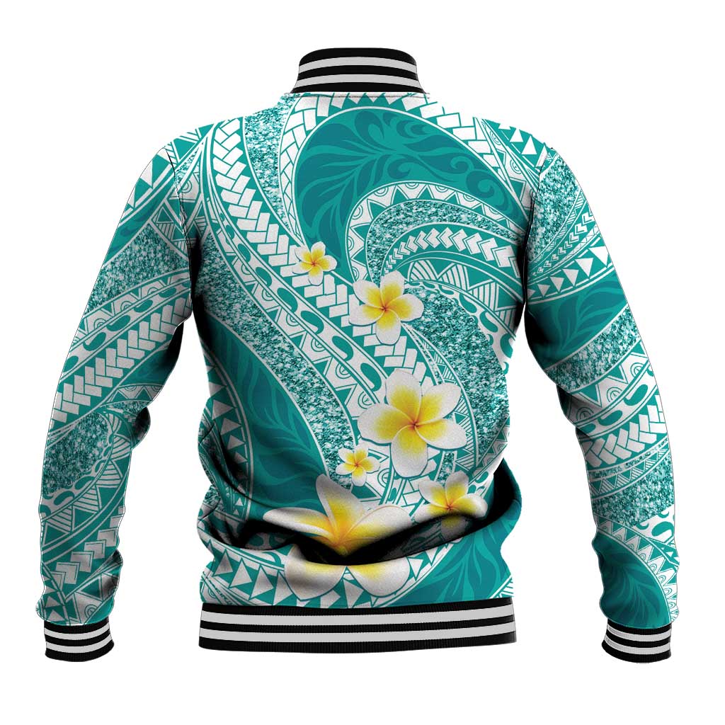 Plumeria Polynesian Teal Glitter Pattern Baseball Jacket LT01 - Polynesian Pride