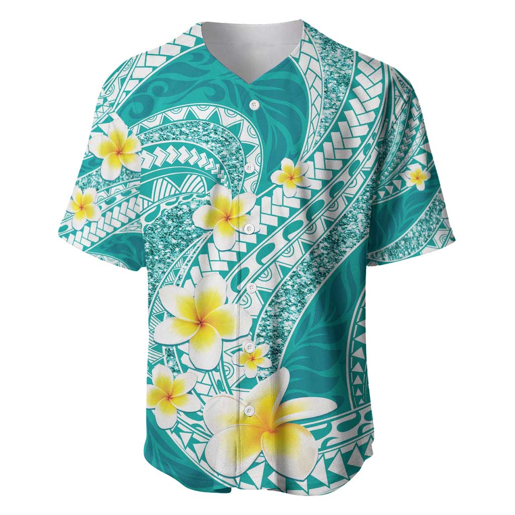 Plumeria Polynesian Teal Glitter Pattern Baseball Jersey