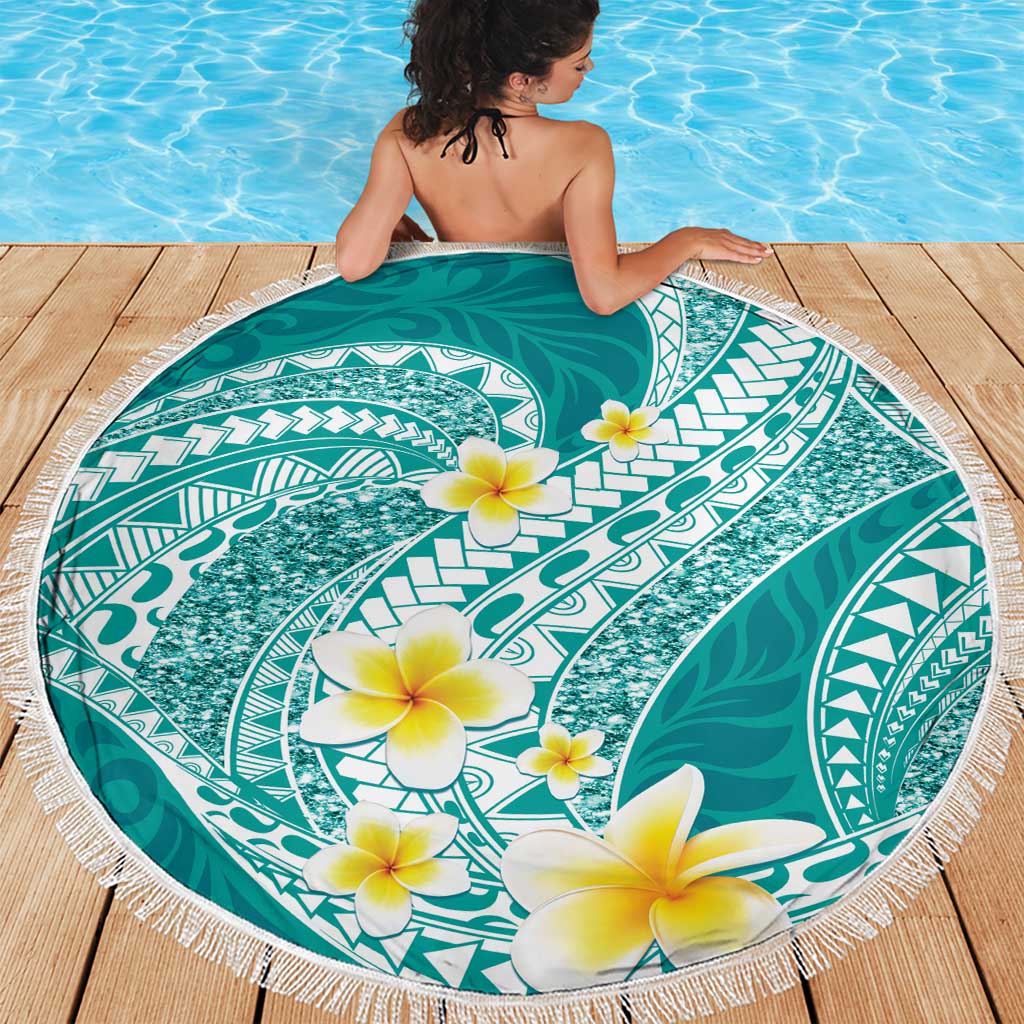 Plumeria Polynesian Teal Glitter Pattern Beach Blanket LT01 - Polynesian Pride