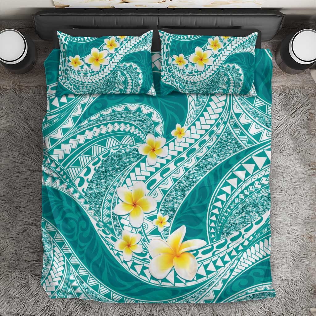 Plumeria Polynesian Teal Glitter Pattern Bedding Set