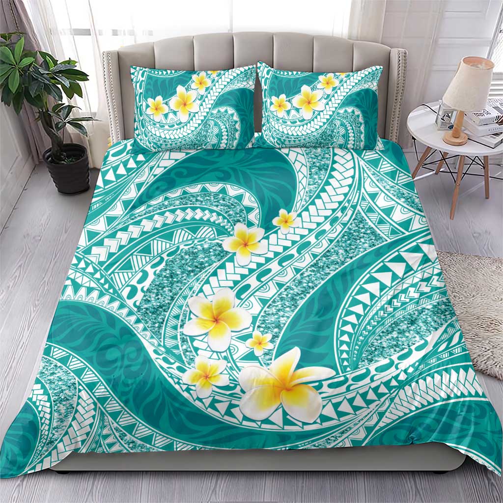Plumeria Polynesian Teal Glitter Pattern Bedding Set