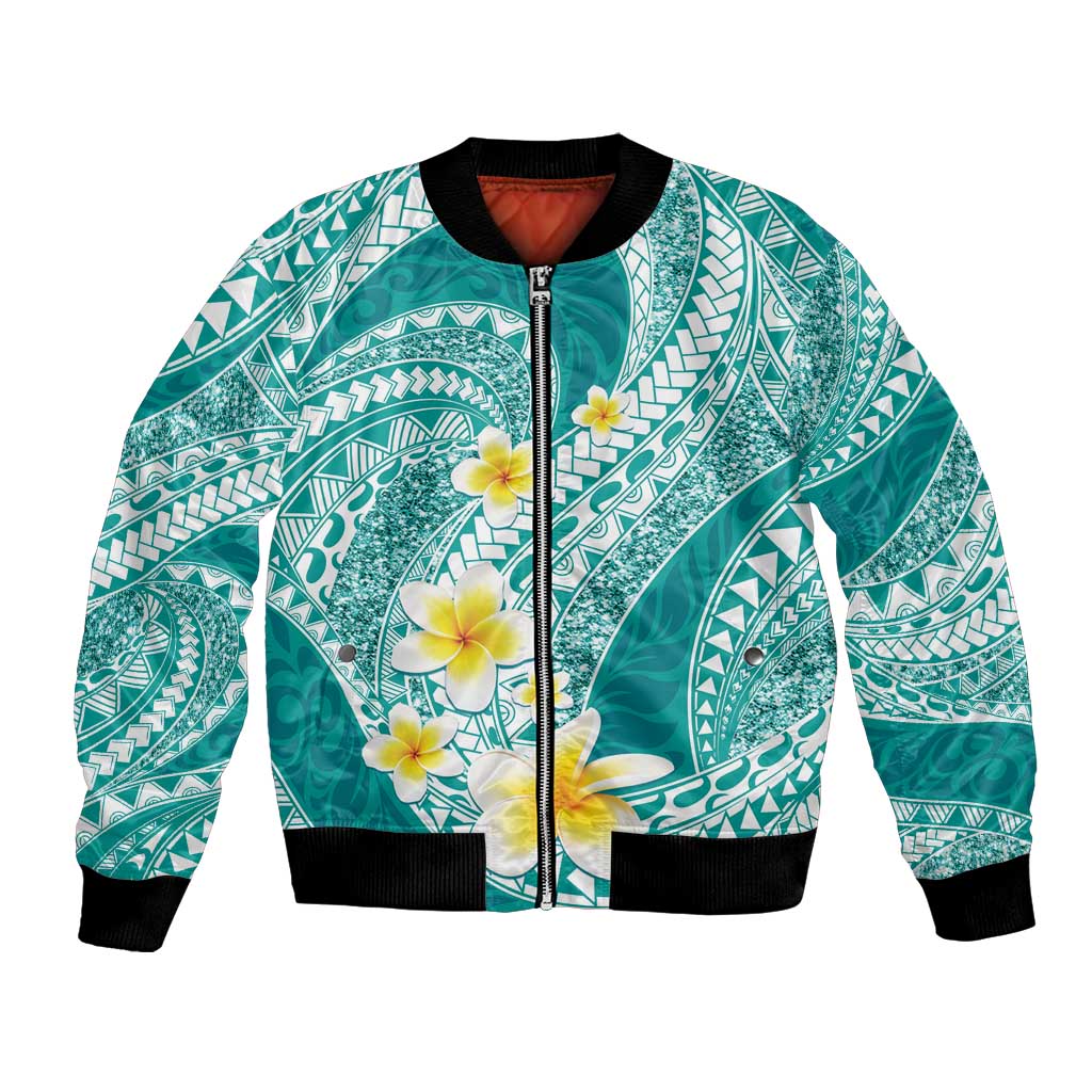 Plumeria Polynesian Teal Glitter Pattern Bomber Jacket