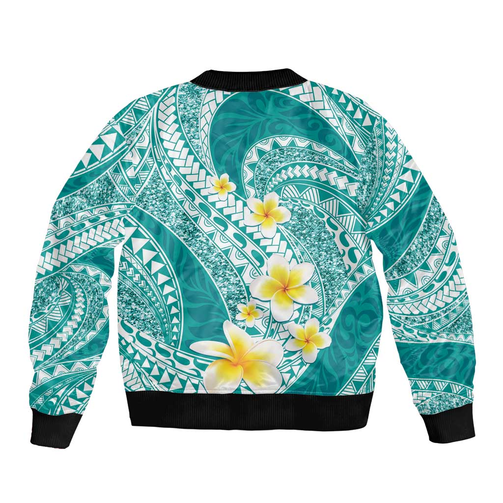 Plumeria Polynesian Teal Glitter Pattern Bomber Jacket