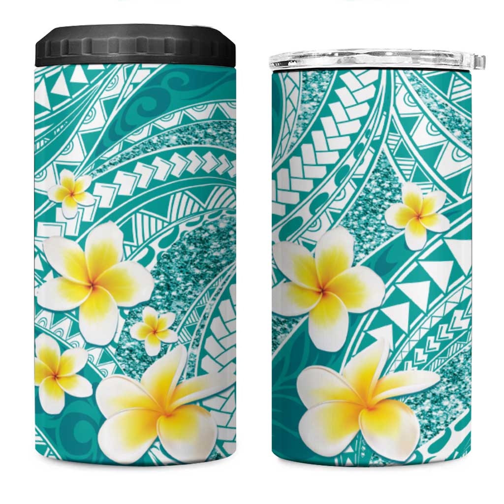 Plumeria Polynesian Teal Glitter Pattern 4 in 1 Can Cooler Tumbler LT01 One Size: 16 oz Teal - Polynesian Pride