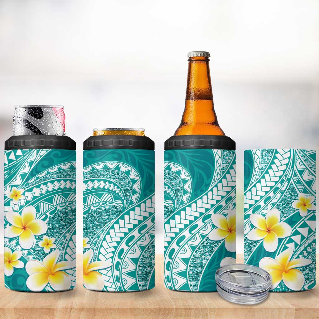 Plumeria Polynesian Teal Glitter Pattern 4 in 1 Can Cooler Tumbler LT01 - Polynesian Pride