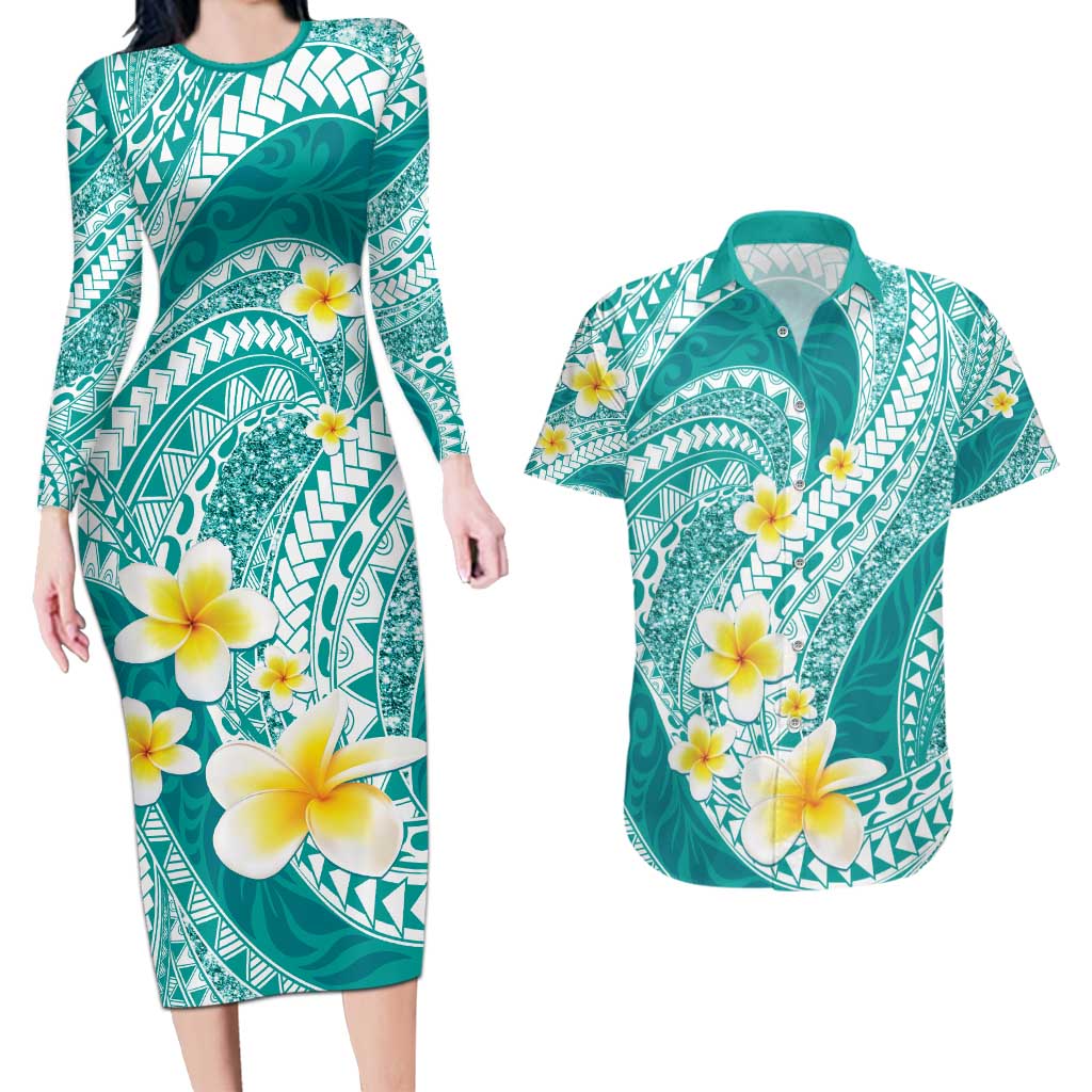 Plumeria Polynesian Teal Glitter Pattern Couples Matching Long Sleeve Bodycon Dress and Hawaiian Shirt LT01 Teal - Polynesian Pride