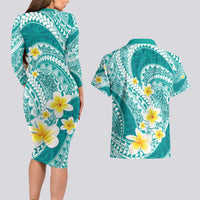 Plumeria Polynesian Teal Glitter Pattern Couples Matching Long Sleeve Bodycon Dress and Hawaiian Shirt LT01 - Polynesian Pride