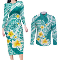 Plumeria Polynesian Teal Glitter Pattern Couples Matching Long Sleeve Bodycon Dress and Long Sleeve Button Shirt LT01 Teal - Polynesian Pride