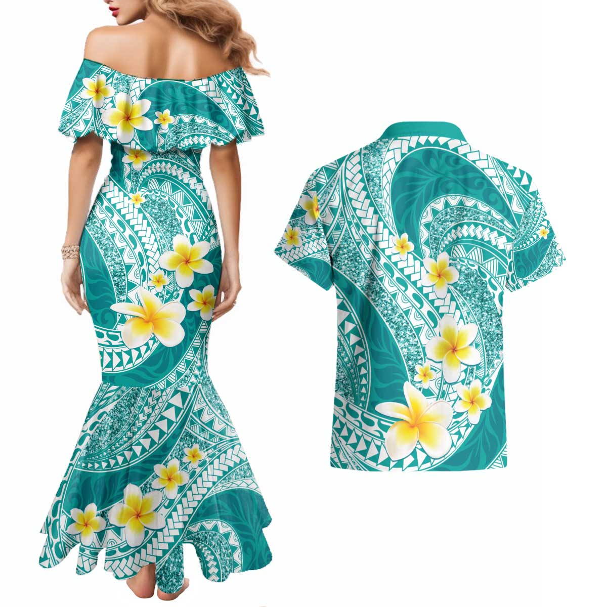 Plumeria Polynesian Teal Glitter Pattern Couples Matching Mermaid Dress and Hawaiian Shirt LT01 - Polynesian Pride