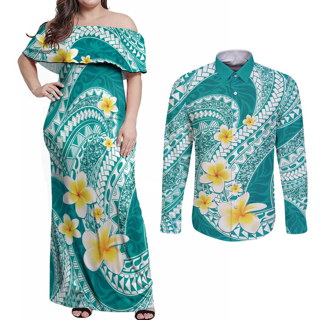 Plumeria Polynesian Teal Glitter Pattern Couples Matching Off Shoulder Maxi Dress and Long Sleeve Button Shirt