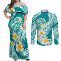 Plumeria Polynesian Teal Glitter Pattern Couples Matching Off Shoulder Maxi Dress and Long Sleeve Button Shirt