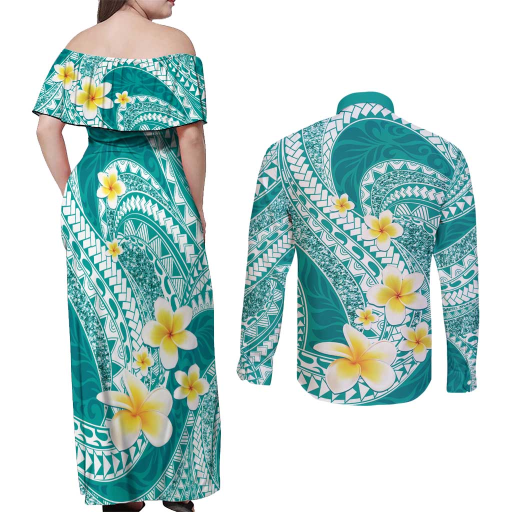 Plumeria Polynesian Teal Glitter Pattern Couples Matching Off Shoulder Maxi Dress and Long Sleeve Button Shirt