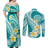 Plumeria Polynesian Teal Glitter Pattern Couples Matching Off Shoulder Maxi Dress and Long Sleeve Button Shirt