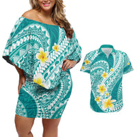 Plumeria Polynesian Teal Glitter Pattern Couples Matching Off Shoulder Short Dress and Hawaiian Shirt LT01 Teal - Polynesian Pride