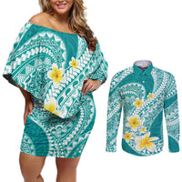 Plumeria Polynesian Teal Glitter Pattern Couples Matching Off Shoulder Short Dress and Long Sleeve Button Shirt LT01 Teal - Polynesian Pride