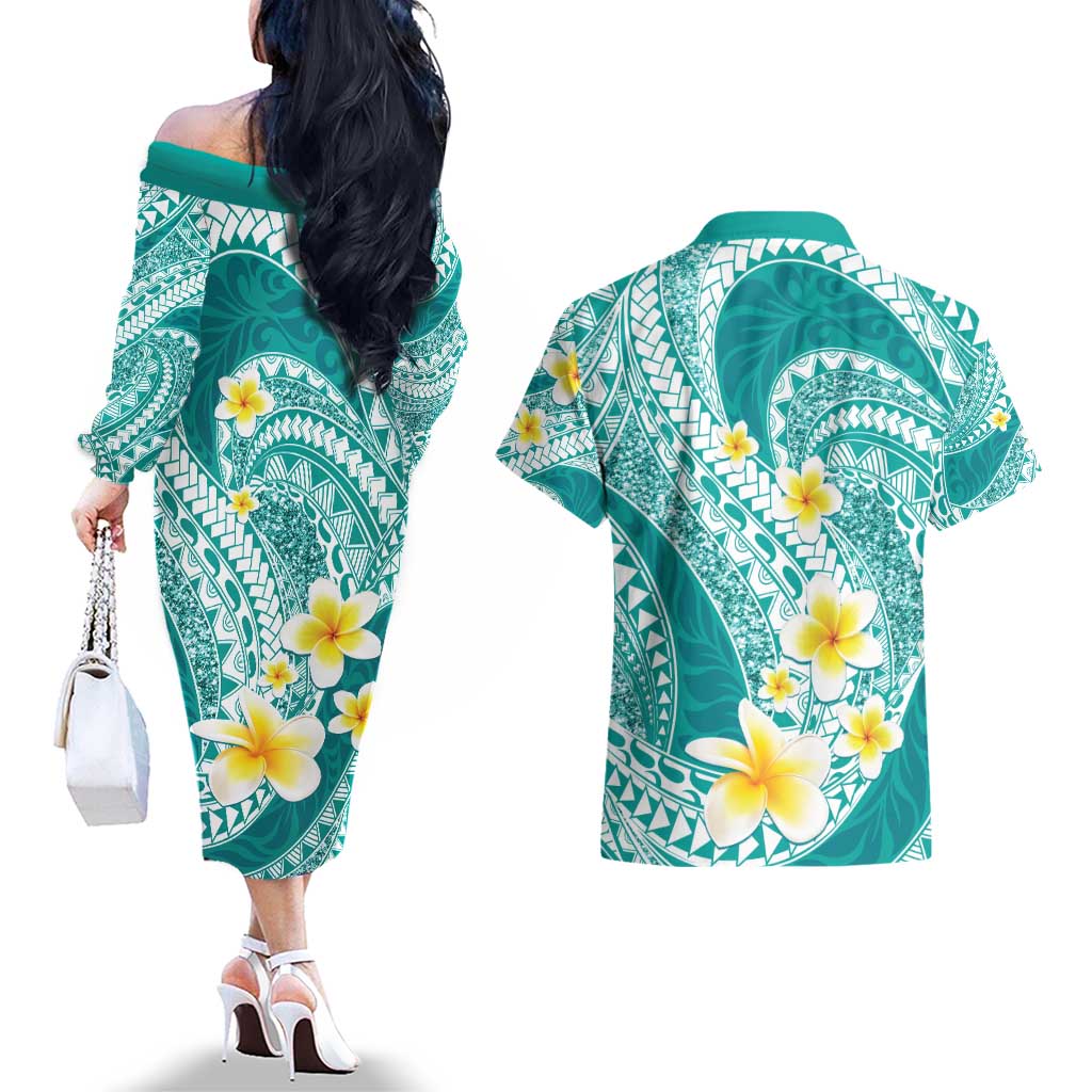 Plumeria Polynesian Teal Glitter Pattern Couples Matching Off The Shoulder Long Sleeve Dress and Hawaiian Shirt LT01 - Polynesian Pride