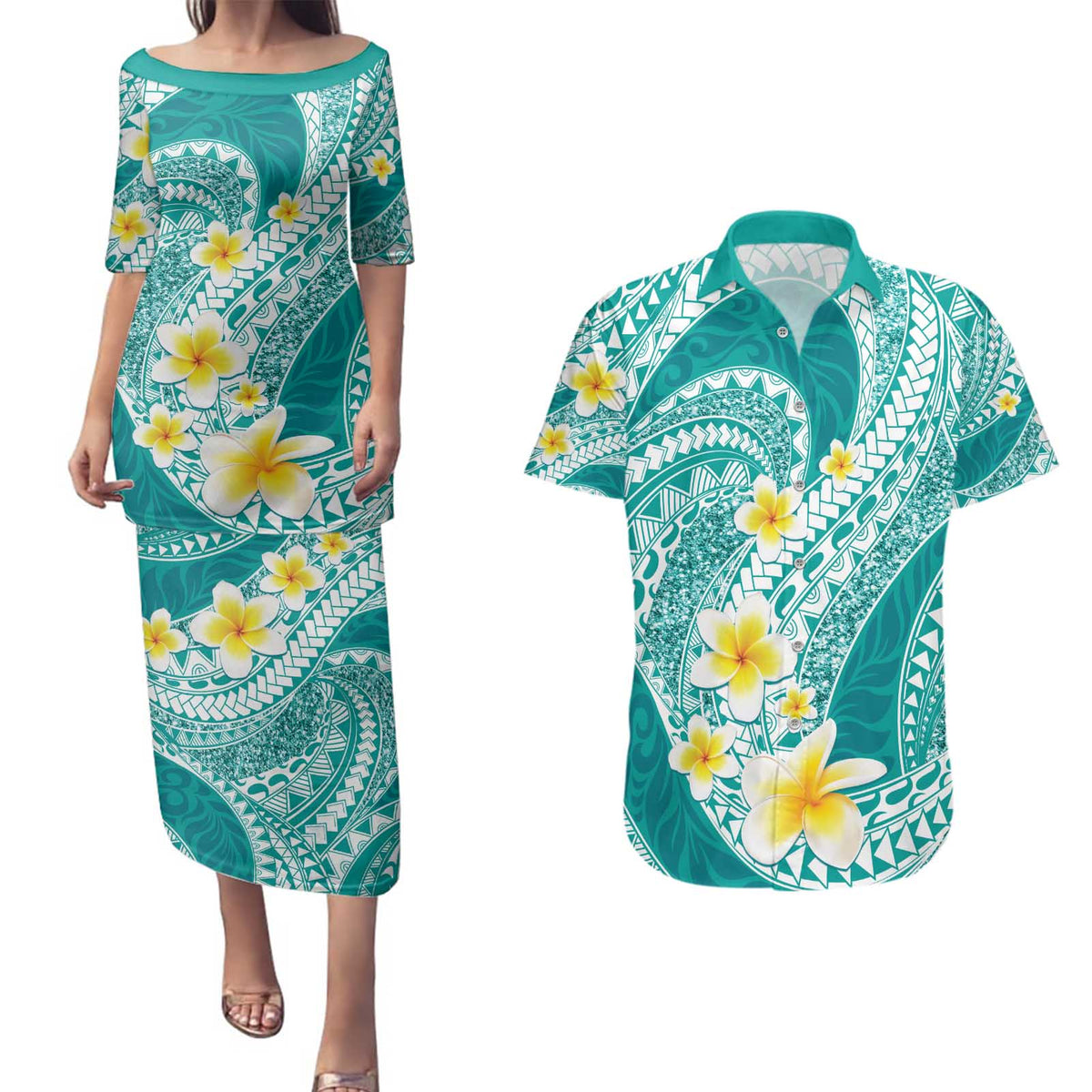 Plumeria Polynesian Teal Glitter Pattern Couples Matching Puletasi and Hawaiian Shirt LT01 Teal - Polynesian Pride