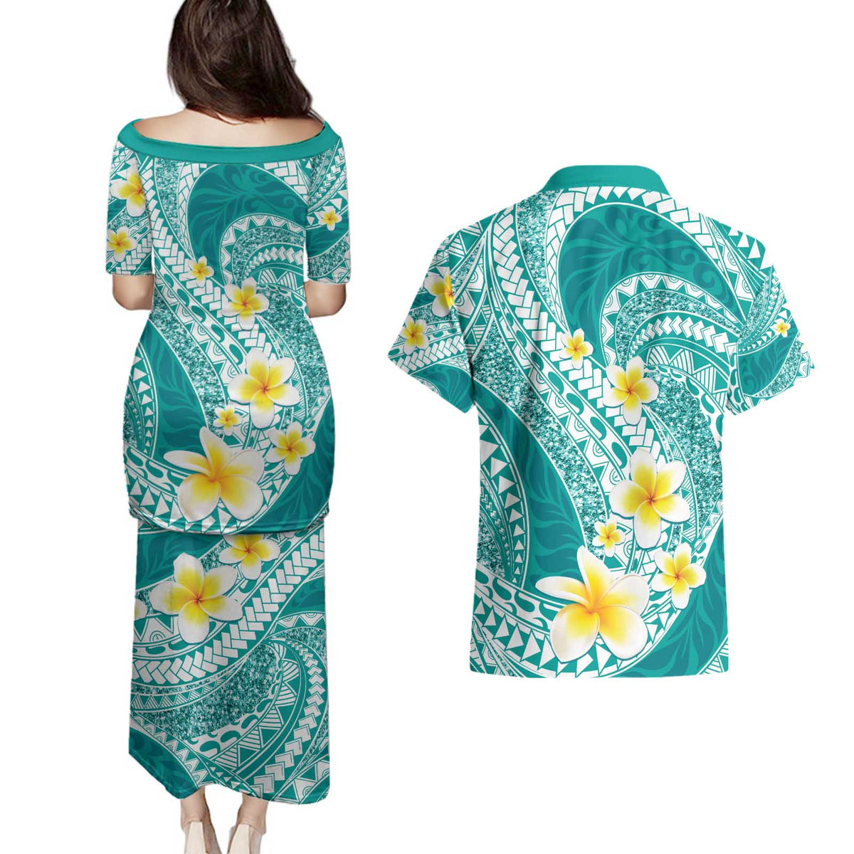 Plumeria Polynesian Teal Glitter Pattern Couples Matching Puletasi and Hawaiian Shirt LT01 - Polynesian Pride