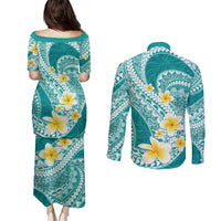 Plumeria Polynesian Teal Glitter Pattern Couples Matching Puletasi and Long Sleeve Button Shirt LT01 - Polynesian Pride