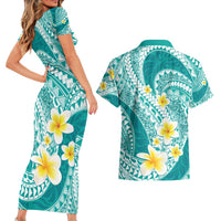 Plumeria Polynesian Teal Glitter Pattern Couples Matching Short Sleeve Bodycon Dress and Hawaiian Shirt LT01 - Polynesian Pride
