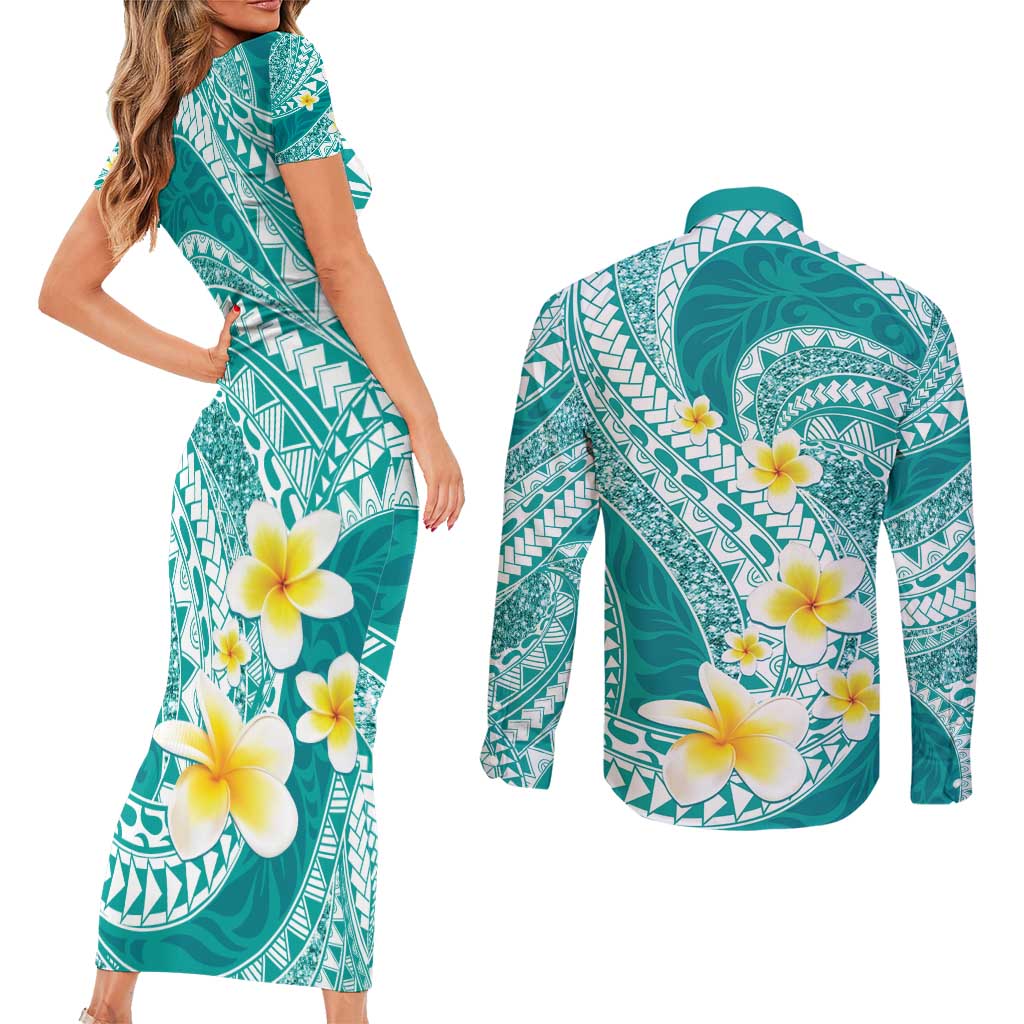Plumeria Polynesian Teal Glitter Pattern Couples Matching Short Sleeve Bodycon Dress and Long Sleeve Button Shirt LT01 - Polynesian Pride