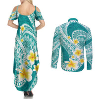 Plumeria Polynesian Teal Glitter Pattern Couples Matching Summer Maxi Dress and Long Sleeve Button Shirt LT01 - Polynesian Pride