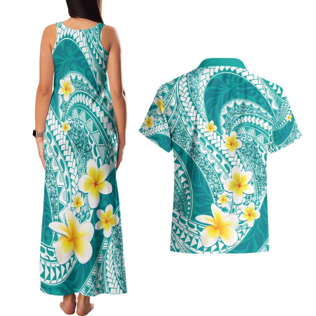 Plumeria Polynesian Teal Glitter Pattern Couples Matching Tank Maxi Dress and Hawaiian Shirt LT01 - Polynesian Pride